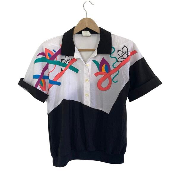 Funky 80s Black and white Polo Style Blouse - Picture 1 of 7